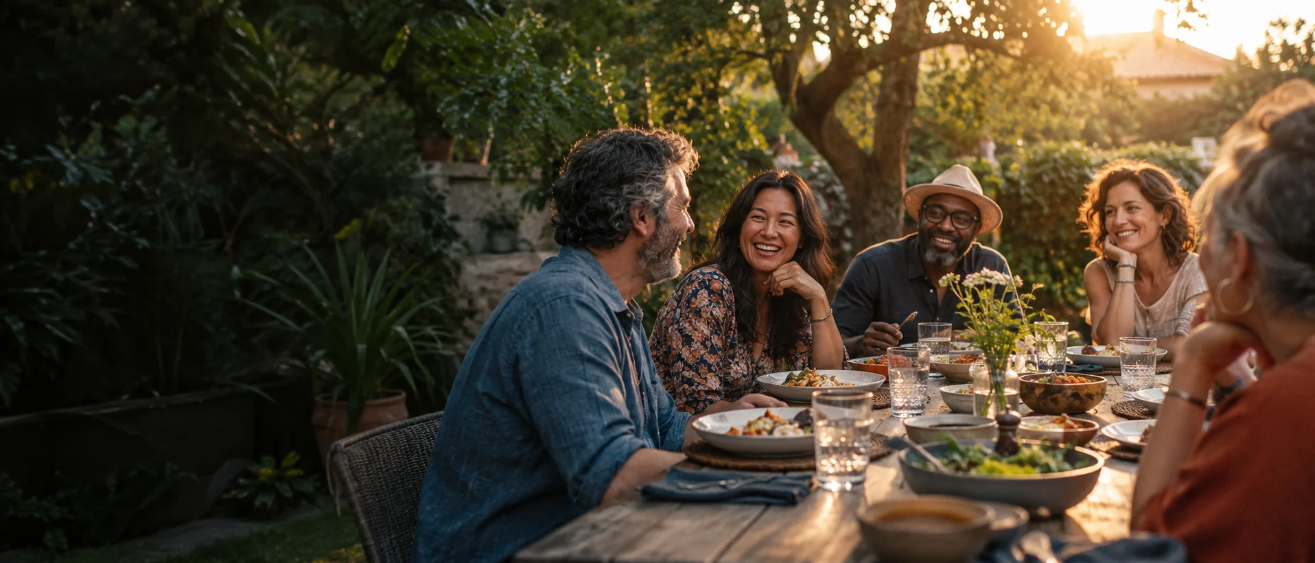 Friends sharing lunch at a garden table.