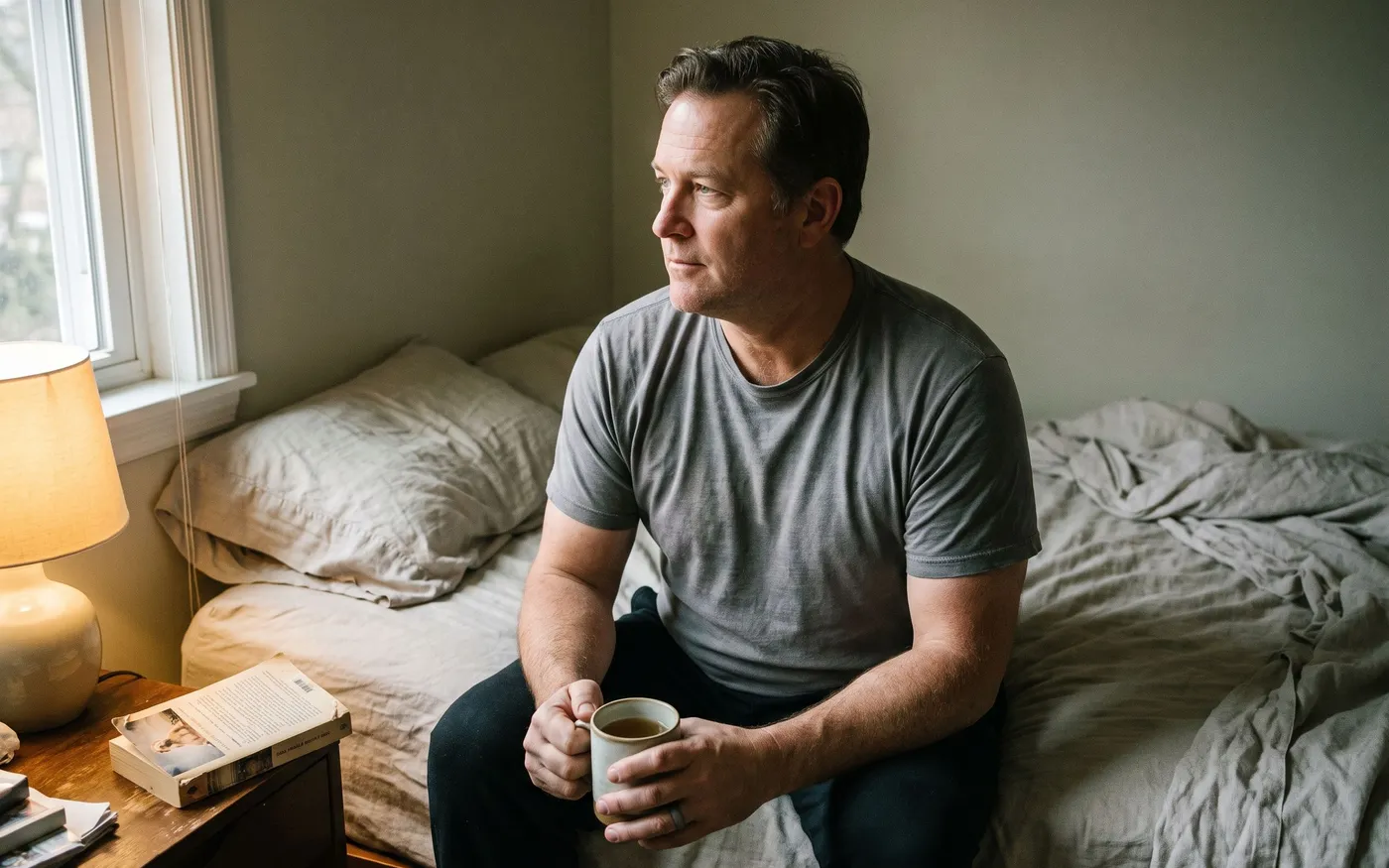 A man wearing a smart ring sits on the edge of his bed with a mug of tea, looking out of the window in the morning.